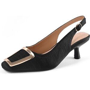 SICARE Slingback Kitten Heels Synthetic Black Closed Square Toe Low Heel Pumps